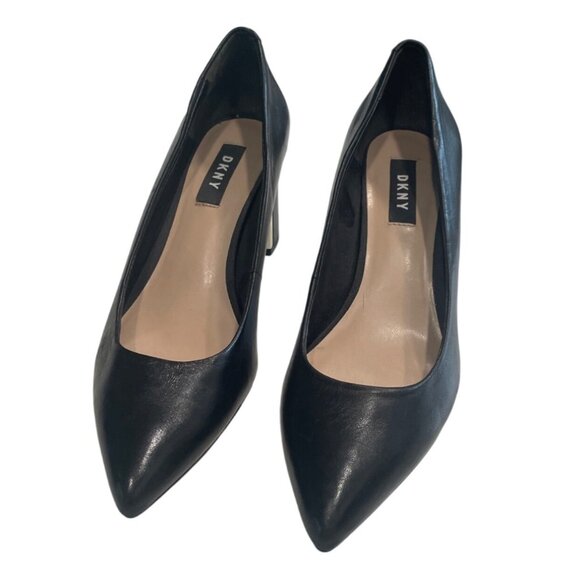 DKNY Black Leather Block Heel Pumps Size 6.5 Classic Durable Elegant - Picture 2 of 5
